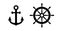 Anchor and helm ship icon. Black silhouette wheel and anchor isolated on white background. Simple outline for design travel print.