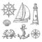 Anchor, wheel, sailing ship, compass rose, shell, crab, lighthouse engraving