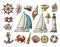 Anchor, wheel, sailing ship, compass rose, spyglass, lighthouse engraving