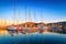 Anchored sailing boats in the harbor of Trogir, Dalmatia, Croatia