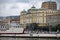 Anchored ships and colorful facades on old buildings in city of Rijeka, Croatia