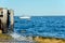 Anchored speedboat in Long Island NY sound