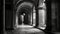 Ancient abbey corridor with gothic arches and monochrome architecture generated by AI