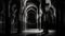 Ancient abbey gothic arches lead to dimly lit library generated by AI