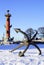 Ancient anchor and Rostral column in St.Petersburg, Russia