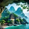 ancient Asian style building on rock idea for Asian background