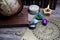 Ancient astrology. Old astrology globe and books with lighting candle