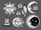 An ancient astronomical illustration of the sun, the moon, the stars, the rose, the eye in the graphic style of the antique.
