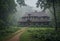 An ancient beautiful house in the early morning with fog in the middle of a dense forest, Free space for text, basis for design