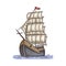 Ancient beautiful ship with sails, vector illustration in sketch style isolated.
