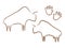 Ancient bison silhouettes rock art. Prehistoric grazing bulls drawn in minimalist style.