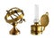 Ancient brass astrolabe and kerosene lamp