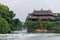 The ancient buildings and river in the Dujiangyan Irrigation System