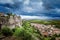 Ancient castle of Carcassonne fortress overlooking the southern France countryside