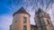 Ancient castle chateau in South West of France viewed from the public street in winter. Vivid vintage colors style