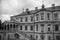 Ancient castle and courtyard black and white