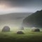 Ancient Celtic stone circles amid a serene, misty landscape2