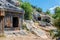 Ancient cemetery in the city of Limyra, Turkey. The entrance to the old concrete tomb in the rock. Excursion to the