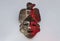 An ancient ceramic pre columbus mask based in American indigenous tribes art iluminated by red and white lights