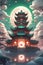 An ancient chinese palace floating in the sky in a center with clouds and huge full moon, anime art, fantasy, chinese lampions