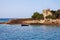 Ancient church on small island in Adriatic Sea. Zanjice, Montenegro. Free space for text