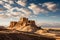 Ancient Citadel on Rocky Outcrop Overlooking Vast Desert Expanse Under Cirrus Clouds. Generative AI