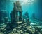 Ancient city ruins underwater old statues on sea ground.