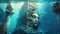 Ancient city ruins underwater, old statues on sea ground, generative AI