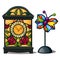 Ancient clock with flowers and butterfly. Elegant classic stained glass, interior decoration. Vector isolated on white