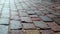 Ancient cobblestone street, close-up of rectangular various colors of granite bricks