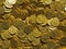Ancient coin treasure. Stamped golden round money.