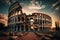 Ancient Colosseum in Rome at sunset. Created with generative AI technology.
