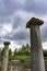 Ancient column ruins in the Dion Archaeological Site at Greece