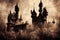 Ancient dark castles old photo style background digital illustration.