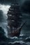 Ancient dark pirate ship in storm