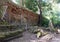 Ancient dilapidated stone wall in the rainforest. Fragment of old fortifications. Overgrown with moss stone ruins