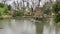 Ancient duck houses resembling a tower or castle at Pena Palace gardens in the Valley of Lakes area of Sintra Portugal