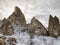 Ancient dwellings hollowed out in volcanic rock in Cappadocia, Turkey.