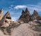 Ancient dwellings hollowed out in volcanic rock in Cappadocia, Turkey.