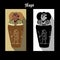 Ancient Egypt canopic jar with god Horus son Hapi stylized image and name script. Gods cynocephalus jar color and black white card