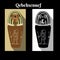 Ancient Egypt canopic jar with god Horus son Qebeksenuef head cap and name script. Gods Falcon jar color and black white card