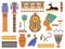 Ancient egypt elements. Egyptian landmark, monument ruins and sculpture. Ornamental decorative symbols, column and gold