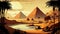 Ancient Egypt with pyramids and architecture in the river Nile valley. Desert landscape at sunset. Generative Ai