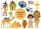 Ancient Egypt set objects clip art. Collection design elements witch sorrow beetles, Pharaoh, pyramid, ankh, Anubis