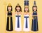 Ancient egyptian goddess or sacred queens collection in cartoon style, cultural persons in traditional clothes