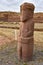 The ancient `El Fraile` monolith at the Tiwanaku archeological site, near La Paz, Bolivia