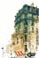 Ancient European street corner building raster watercolor illustration