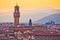 Ancient Florence cityscape and Palazzo Vecchio sunset view