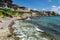Ancient fortifications, small beach and old houses in Sozopol, Bulgaria