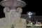 ancient fountains across the rocca Roveresca during the night and tourists in Senigallia, Italy. Medieval architecture of Marche